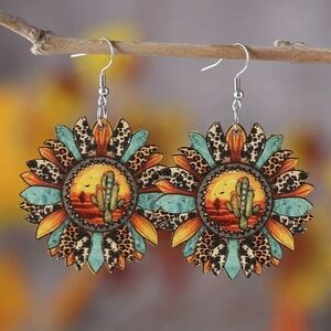 Boho Sunflower, Wood Earrings